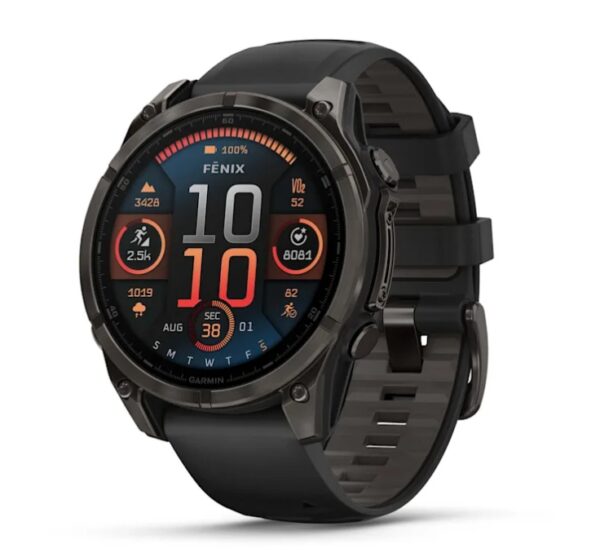 010-02904-21 GARMIN fēnix® 8 47 mm, AMOLED Sapphire, Titane Carbon Gray DLC avec bracelet en silicone noir/gris galet