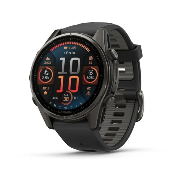 010-02903-21 GARMIN fēnix® 8 43 mm, AMOLED Sapphire, Titane Carbon Gray DLC avec bracelet en silicone noir/gris galet